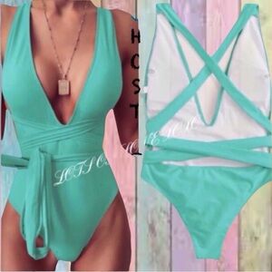 Mint Green Lined Deep V Criss Cross One Piece Swimsuit New